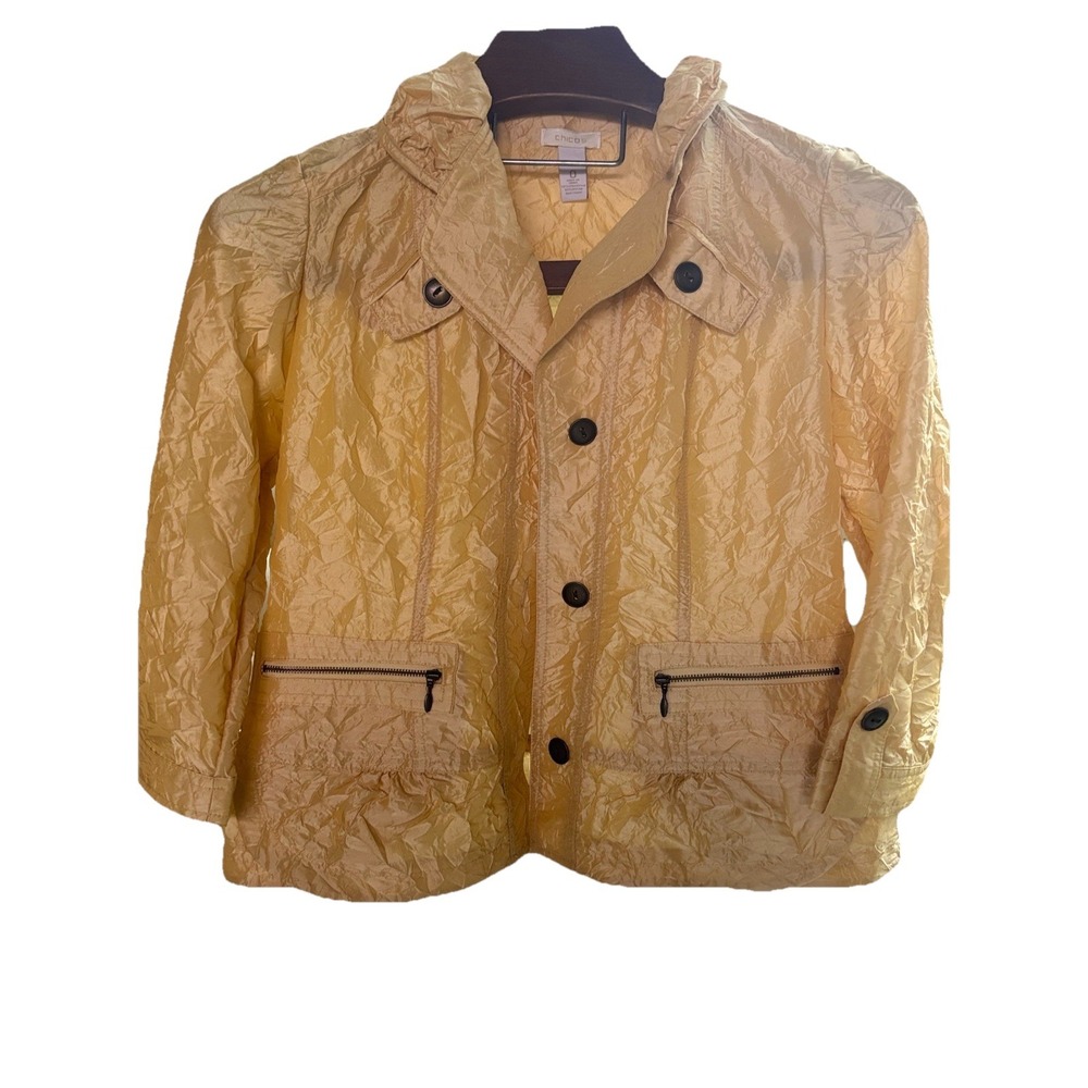 Chico's Women's Size 4 Crinkle Gold Yellow Sheen Shaya Jacket Size 0‎ Pockets